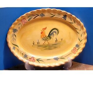 Home Rooster Floral Ceramic 14 inch Oval Serving Platter Yellow Scalloped Large